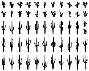 Black silhouettes of different cactus on a white background