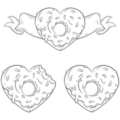 Line art set of heart shaped bitten and intact donuts. Sweet hearts vector illustrations for your Valentine’s Day, food festival and other party designs.