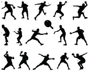 Black silhouettes of  table tennis players on a white background