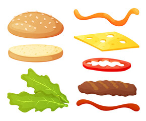Burger ingredients diy collection. Set of isolated ingredients for build your own burger and sandwich. Sliced vegetables, sauces, bun and cutlet for burger. Vector burger maker