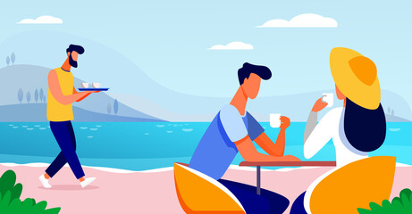 Young couple drinking coffee near lake. Date, sea, cafe, relaxing flat vector illustration. Weekend and nature concept for banner, website design or landing web page