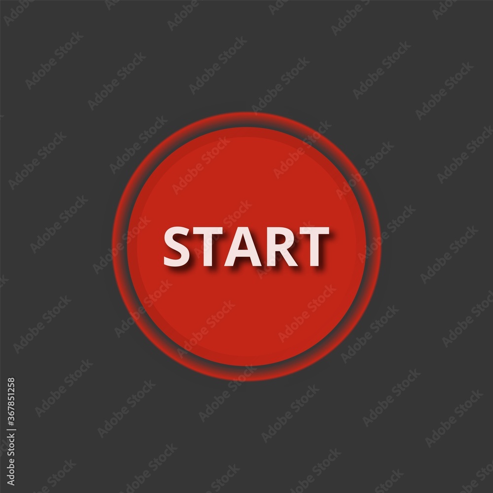 Poster start button icon. red realistic button on dark background. neumorphic design