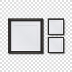 Set blank photo frames on the wall. Realistic square empty picture frames on transparent background