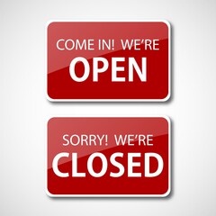 Realistic red open and closed sign for door. Open and Closed shop sign
