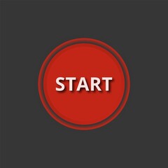 Start button icon. Red realistic button on dark background. Neumorphic design