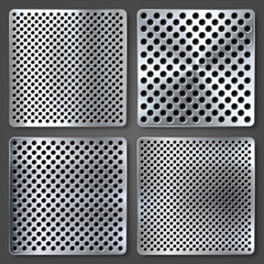 Realistic perforated brushed metal textures set. Polished stainless steel background. Vector illustration.