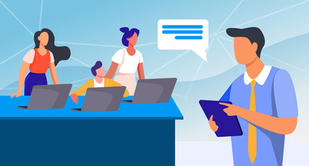 Office employees listening manager with clipboard. Laptop, worker, staff flat vector illustration. Business and management concept for banner, website design or landing web page