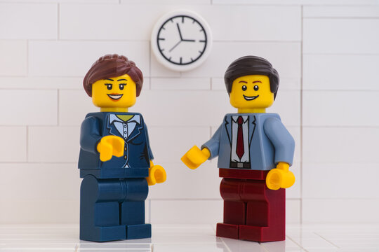 Tambov, Russian Federation - June 3, 2020 Lego minifigure businessmen having a meeting.