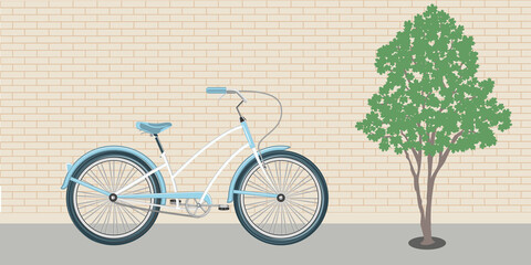 Fototapeta na wymiar Blue female bicycle - brick wall - vector. Car Free Day.