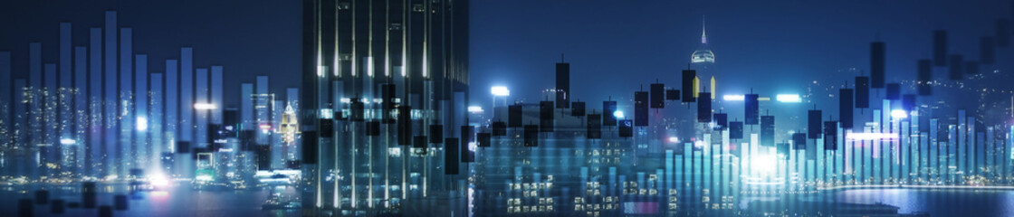 Fototapeta na wymiar Website header and banner of Hong Kong cityscape with skyscarapers. Trading and stock markets.