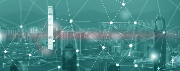 Networking fast wireless internet concept iot network telecommunication 5g website header double exposure city skyline view.