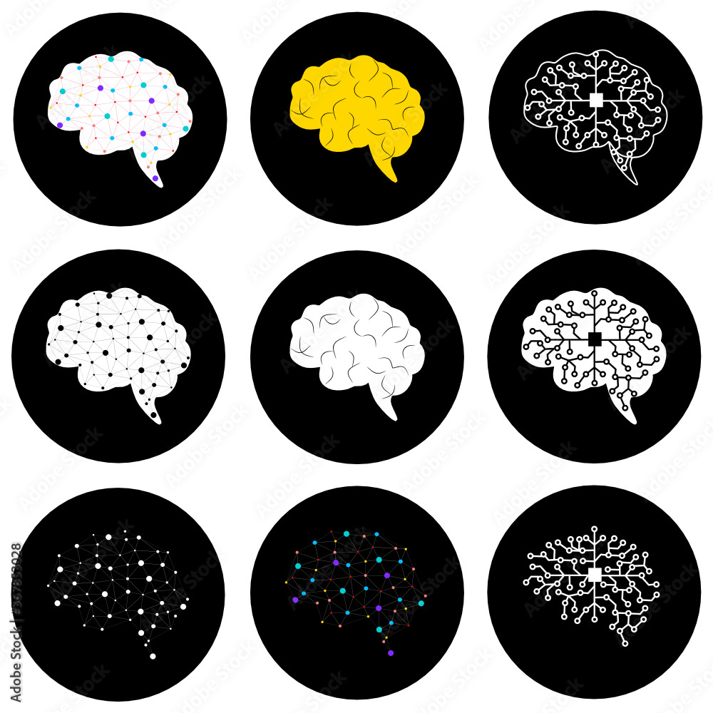 Aufkleber set of modern brain link connected point icon logo vector. digital human brain, particles plexus str