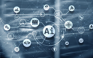 Artificial Intelligence. AI. Infographic illustration on fantastic computer center.