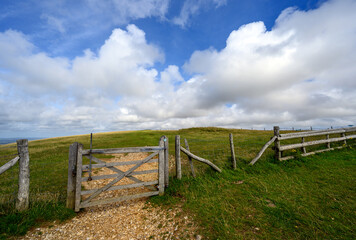 Fototapeta premium South Downs National Park, Sussex, UK near Firle Beacon. A gate and fence on the route of the South Downs Way. The South Downs Way is a national trail popular with walkers.