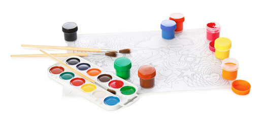 Coloring picture and paints on white background