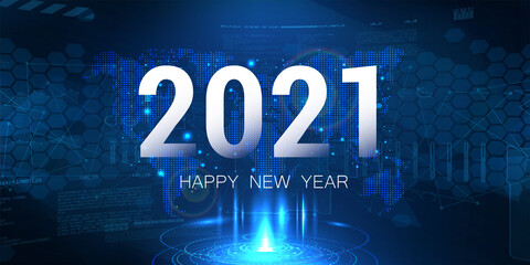 Digital banner 2021 Happy New Year on blue background with HUD interface and polygons. Futuristic technology 2021 concept and world map. Digital design poster 2021 New Year. Vector illustration © SergeyBitos