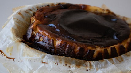 Basque burnt cheesecake freshly baked. Tasty San Sebastian cheesecake ready to serve and eat.