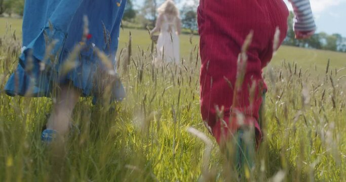 SLO MO CU Rear view of mother and daughter (2-3) walking in grassy field / Dorset, UK