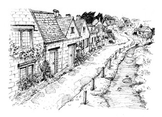 Old european village. English village. Ink sketch.