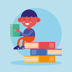 little student boy with books comic character