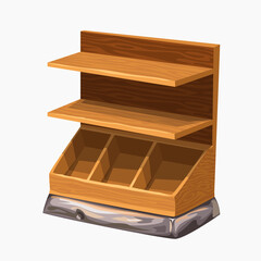 wooden empty store shelf isolated on white