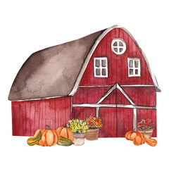 Watercolor autumn illustration with barn and autumn floral element, isolated on white background © марина васильева