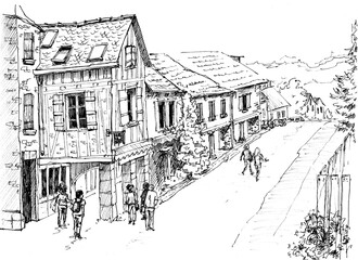 Old european village. French village. Najac France. Ink sketch. Rural landscape. Place of tourism