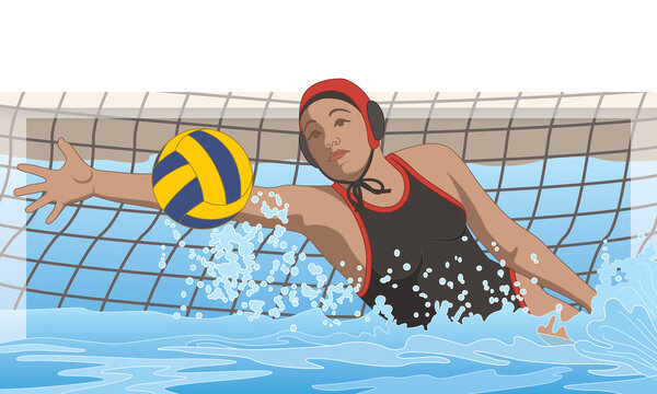 water polo female goalkeeper saving ball from net in swimming pool
