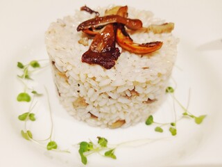 Mushrooms and rice on the white plate
