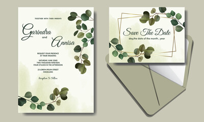 Wedding invitation card template set with beautiful eucalyptus leaves Premium Vector