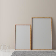 Two vertical white frame mock up, white frame on beige wall, 3d illustration