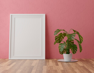 Fototapeta na wymiar Vertical wooden frame mock up on red wall background with plants, 3d illustration