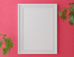Vertical wooden frame mock up on red wall background with plants, 3d illustration