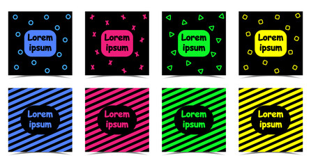 Set of eight banner templates with bright elements and stripes, black background and place for text