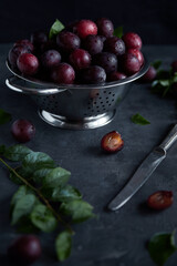 Juicy ripe plums lie in colander, on a dark background. The plum is cut with a knife.