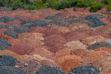 Ukraine, Krivoy Rog, unique place called "Ukrainian Mars". Waste rocks create multicolored mosaic.