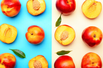 Sweet ripe nectarines on color background