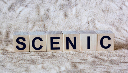 The text Scenic is written on wooden cubes and on the sand