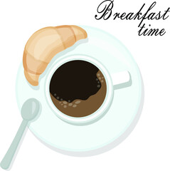 A light breakfast. A mug of black coffee and a freshly baked croissant on one plate. Coffee time. vector illustration