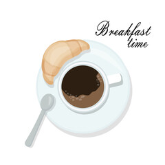 A light breakfast. A mug of black coffee and a freshly baked croissant on one plate. Coffee time. 