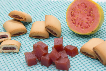Brazilian guava sweets on white background. Biscuit with guava.
