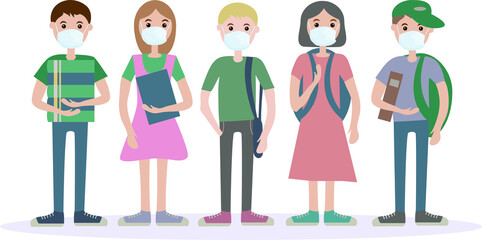 A group of five children wearing medical masks. For protection against viral diseases, environmental and air pollution.  Illustration of flat vectors. Notion of social distance and health preservation