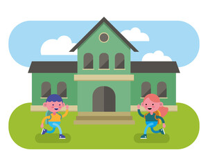 little students couple walking in the school comic characters