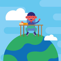 little student boy seated in desk on planet comic character