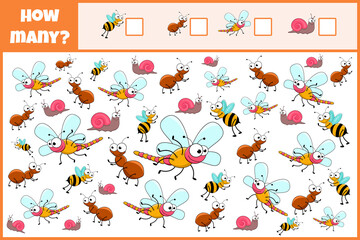 Educational mathematical game. Count the number of insects. Count how many insects. Cute insects. Counting game for children.