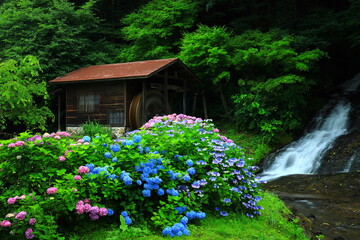 水車小屋と紫陽花