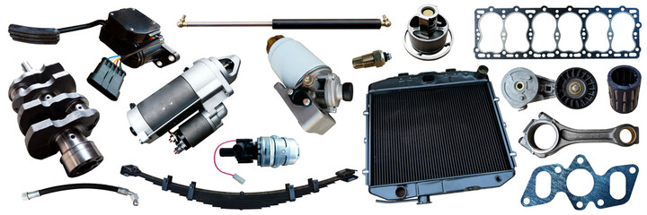 Fototapeta premium Auto spare parts car on the white background. Set with many isolated items for shop or aftermarket.