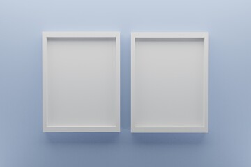 front view of two empty frames on light blue wall, minimal design concept, 3D render image