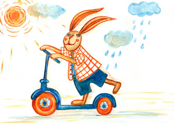 Orange funny rabbit rides a blue scooter. Watercolor drawing.