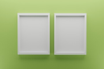 front view of two empty frames on green wall, minimal design concept, 3D render image